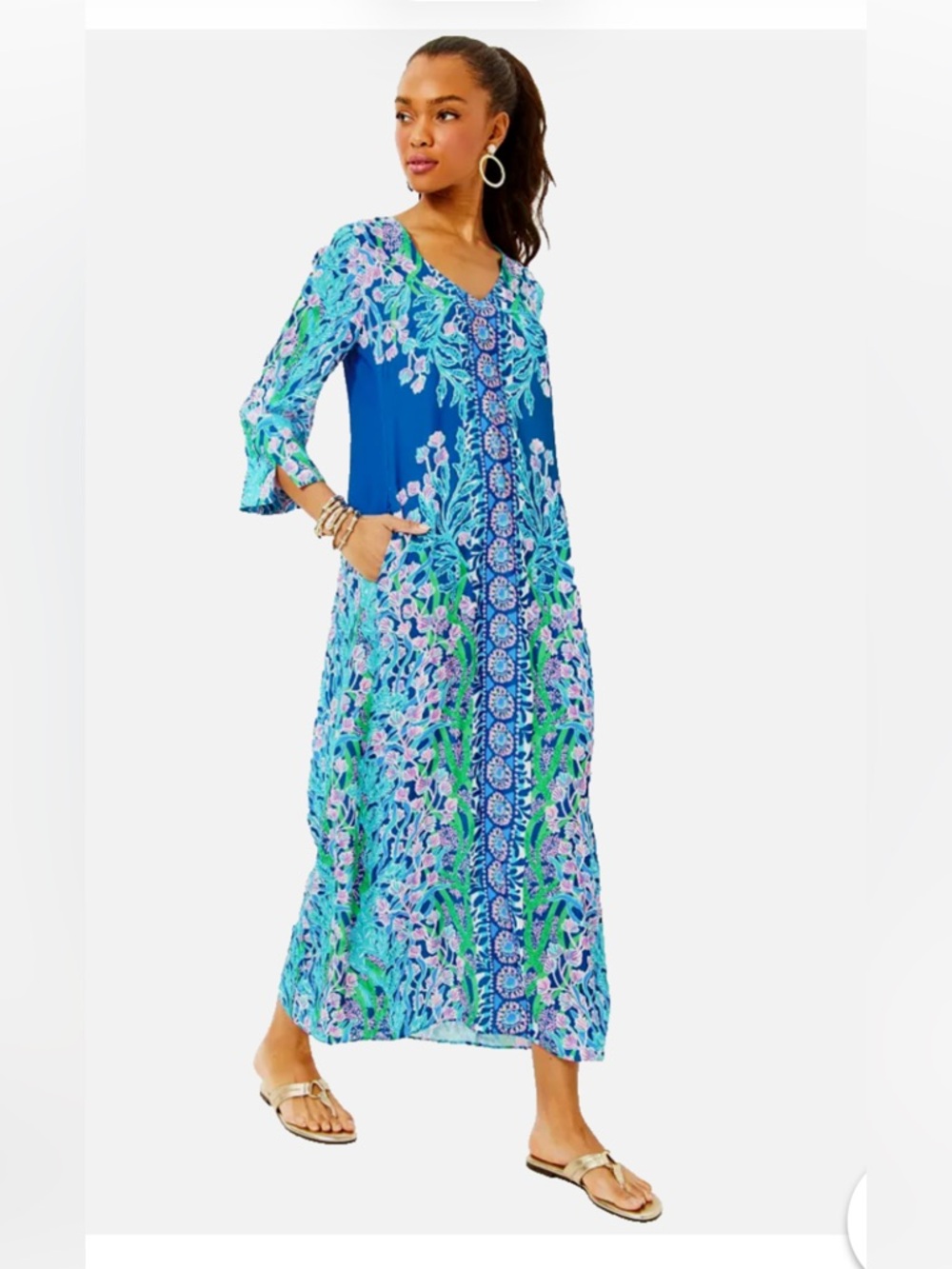 Lilly Pulitzer Navy Teal and Pink Floral V-Neck Maxi Dress
